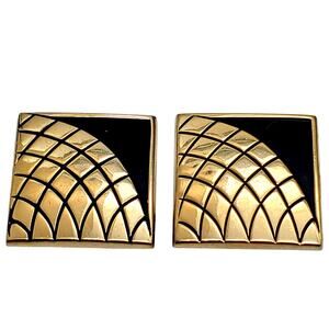 Art Deco Cufflinks Gold Black Enamel Geometric Square Modernist Fan Swank Retro